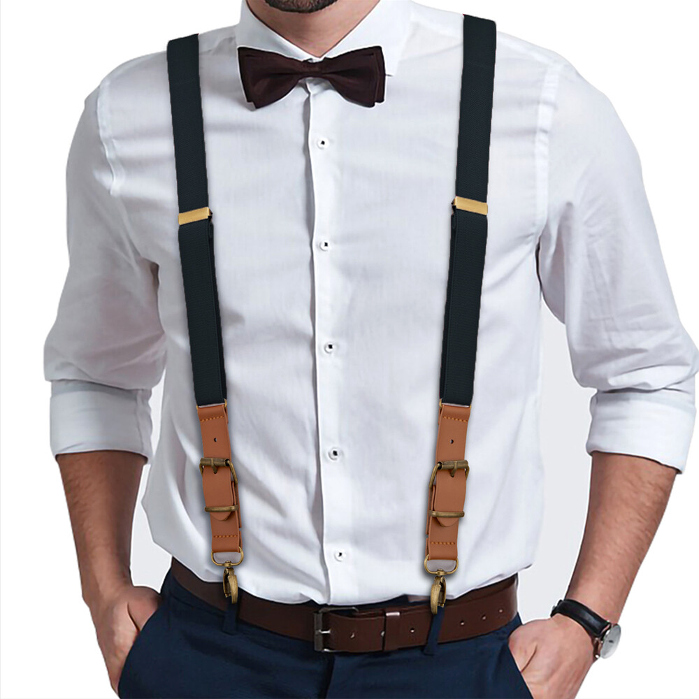 Mens Suspenders Leather Adjustable Elastic Y-Shaped Braces Hooks Pants Brace