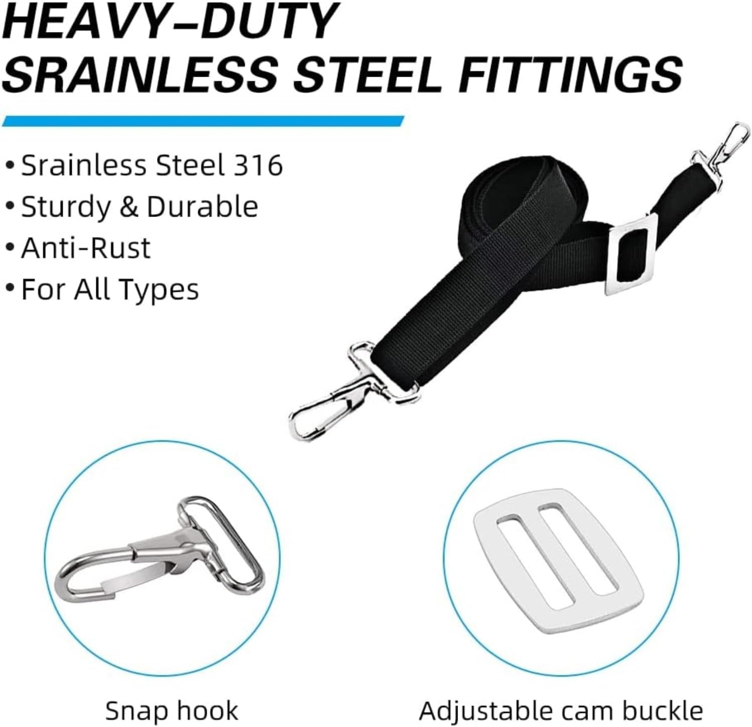 2 Pcs Adjustable Bimini Top Tie Down Webbing Straps with loop Snap hooks