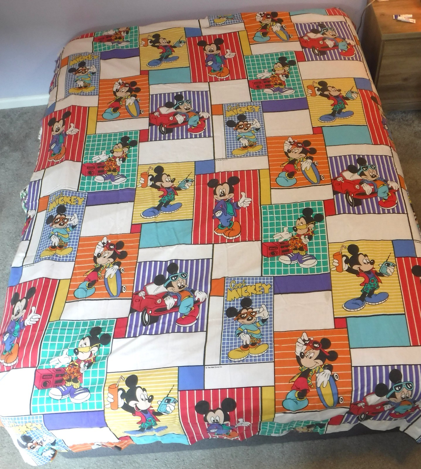 Vtg Disney Cool Mickey Mouse 90s Retro Colorblock Twin Flat Sheet Boombox Car