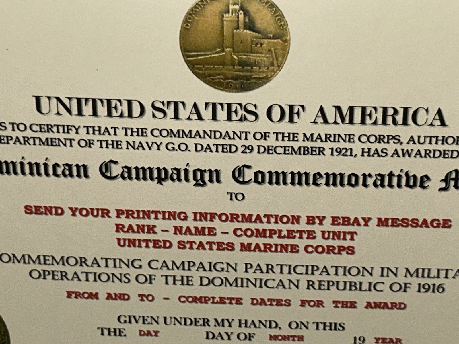 DOMINICAN CAMPAIGN (USMC) COMMEMORATIVE MEDAL CERTIFICATE ~ W/PRINTING TYPE-1