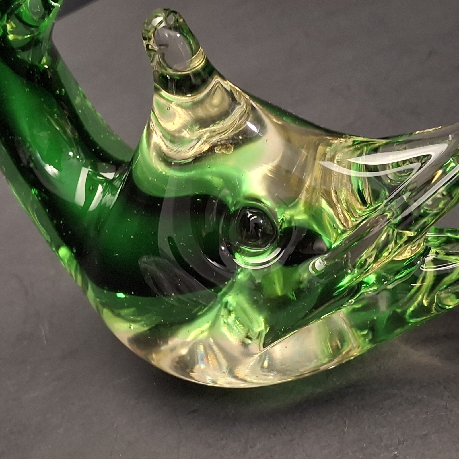 Vintage Green Glass Fish Sculpture Murano Paperweight Made in Italy Sunken Eyes