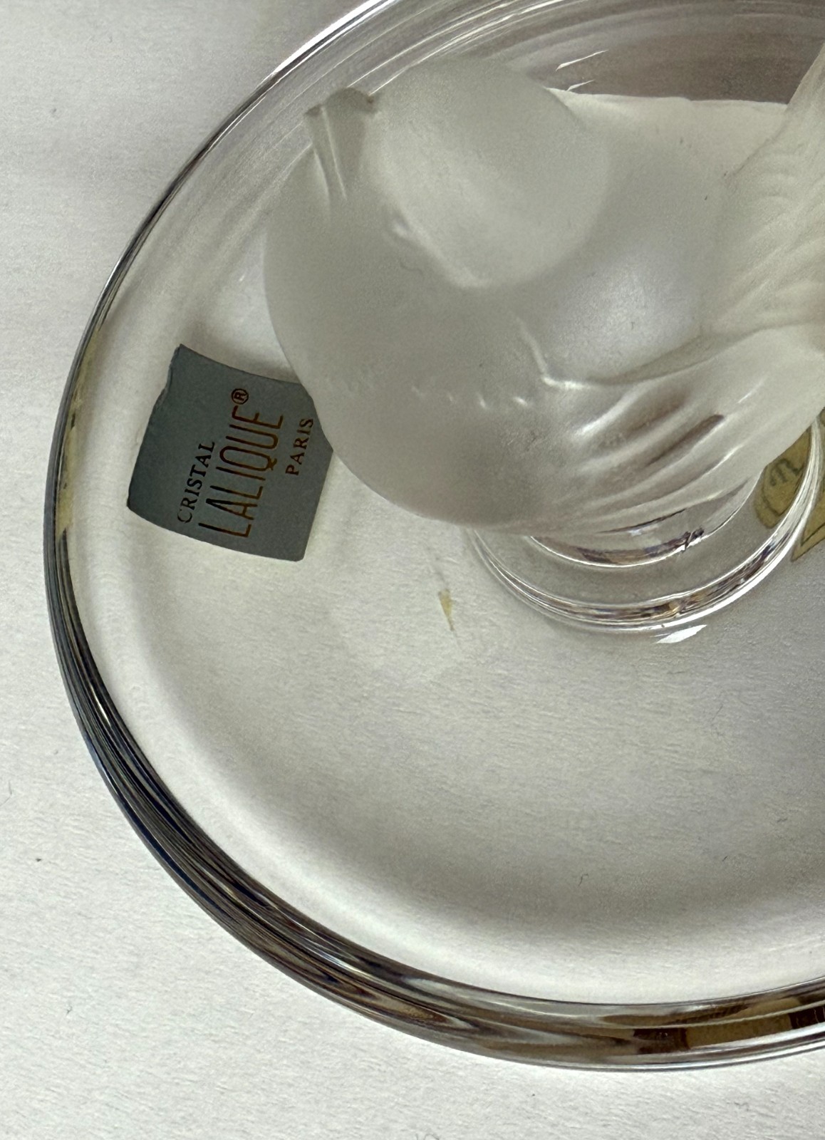 Lalique Pinson Finch 1970s Art Glass Ring Dish Clear & Frosted Crystal 2” Tall