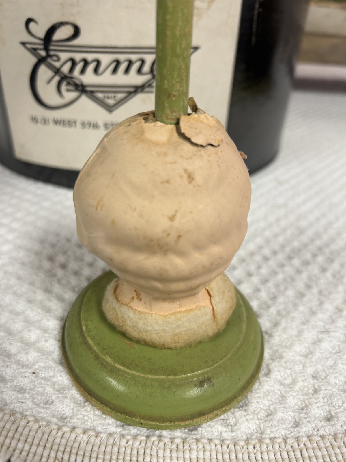 Antique Papier-Mâché Side Eyed Doll Head Girl Wood Hat Stand 9.5" Creepy Germany