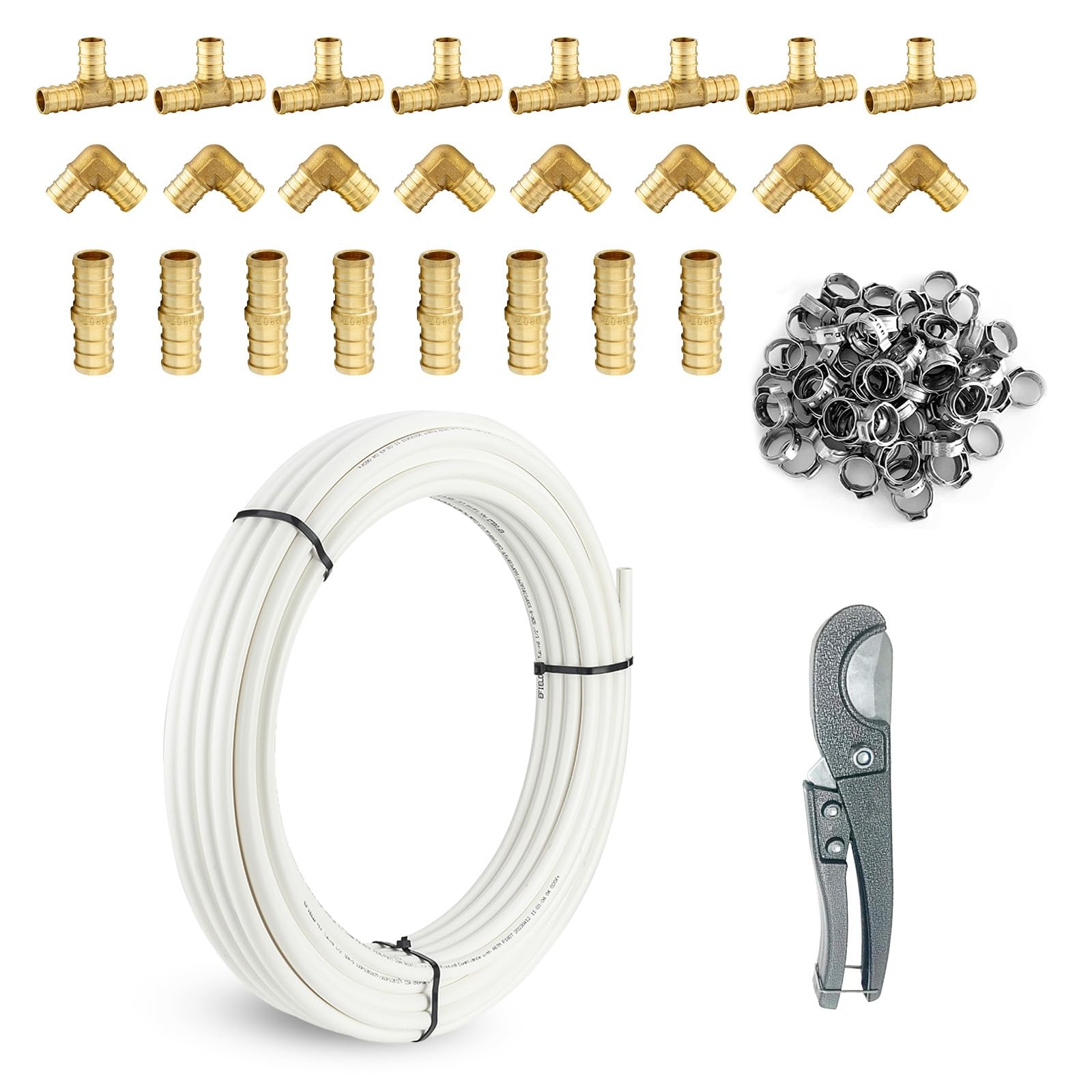 3/4 Inch White PEX-B Pipe, 100 Ft Pex B Tubing with a Pipe Cutter, 24PCS Brass