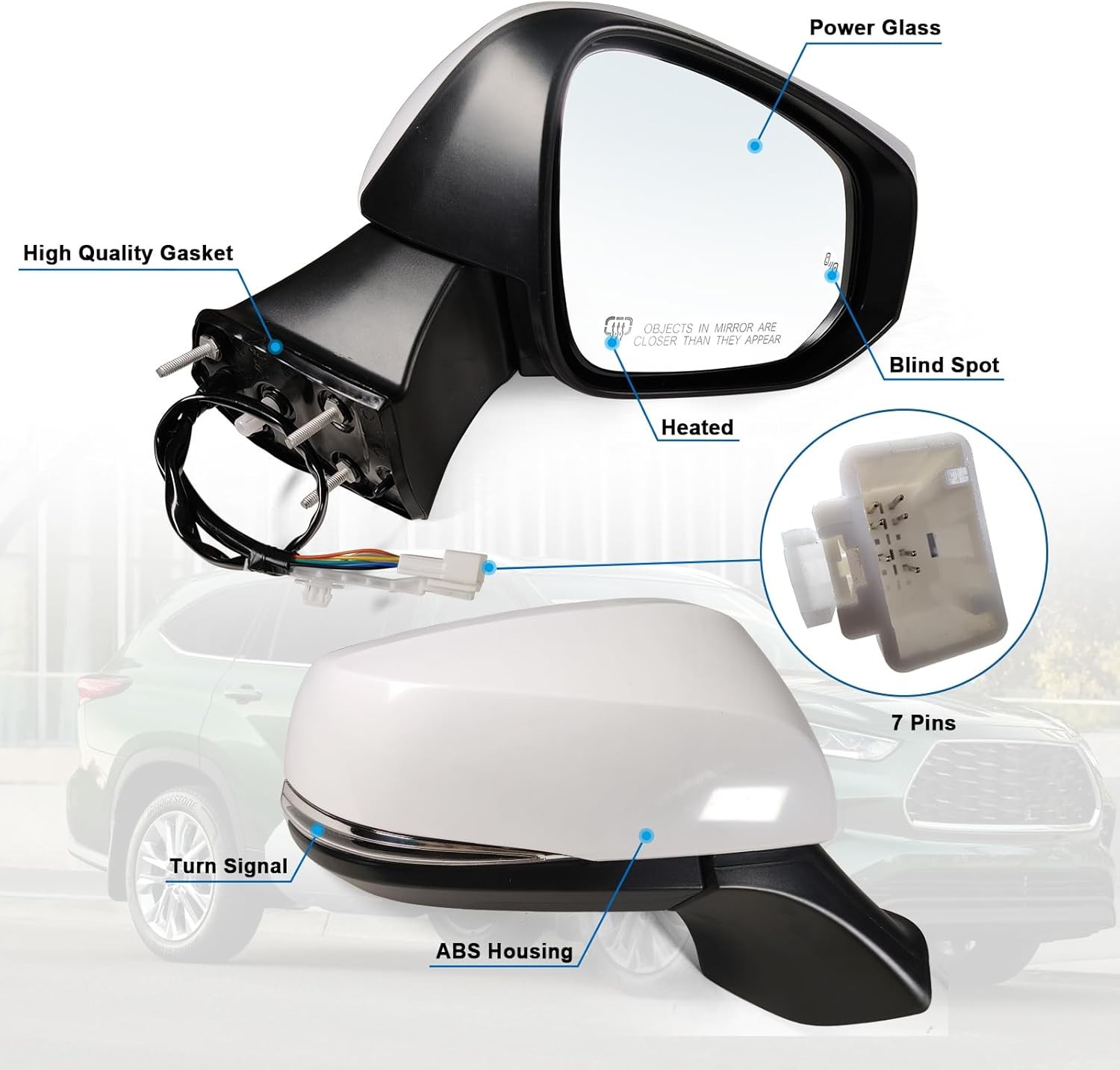 Right Passenger Mirror Fits 2020-2025 Toyota Highlander with Power Glass, Heated