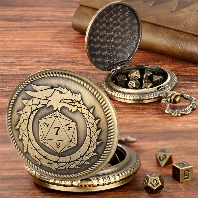7Pcs Dnd Dungeons & Dragons Polyhedral Dice Set in Dragon D20 Pocket Watch Case