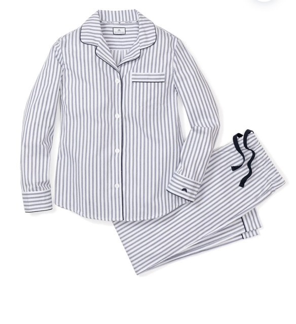Petite Plume Women's Twill Pajama Set Color: Navy French Ticking MSRP $118 NEW!