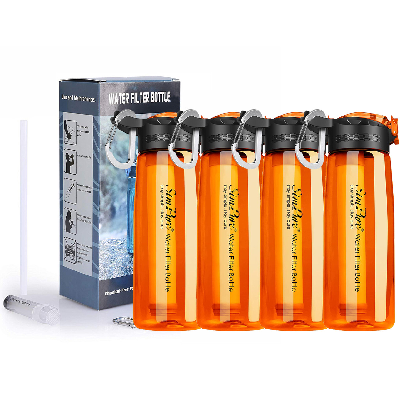 Sports Water Filter Bottle,650mL,Replaceable 4Stage Filter,LeakProof,Camping,1-4