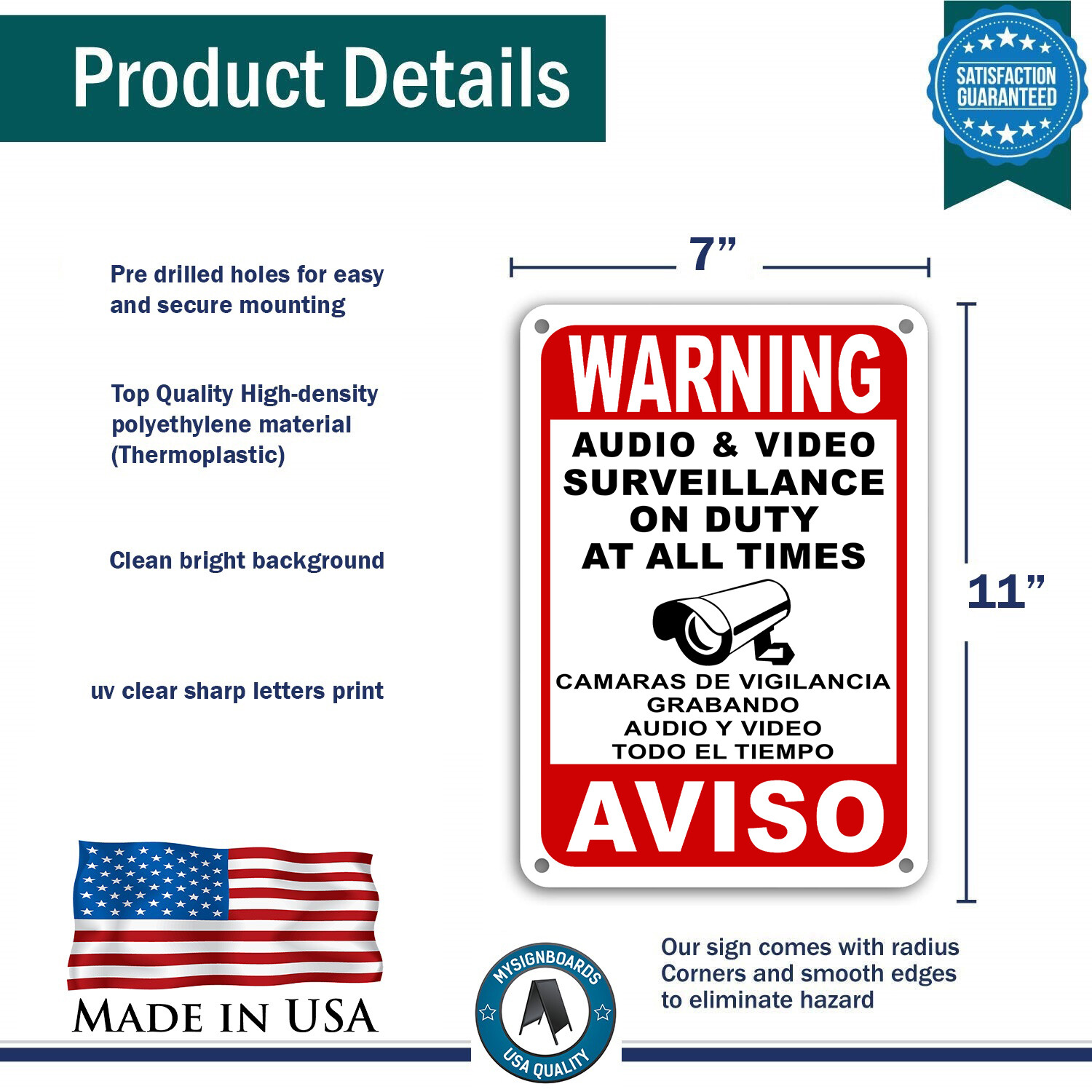 Surveillance signs Warning Security cctv sign Audio Video Camera Spanish English