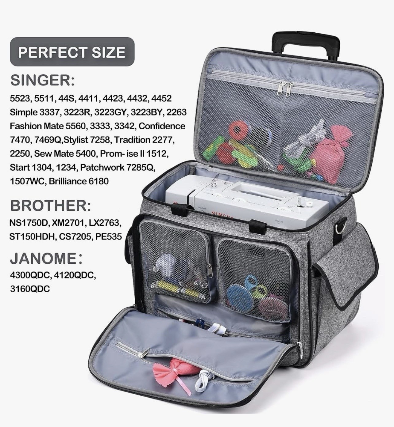 CAB55 Rolling Sewing Machine Case with Detachable Lightweight Aluminum Trolley