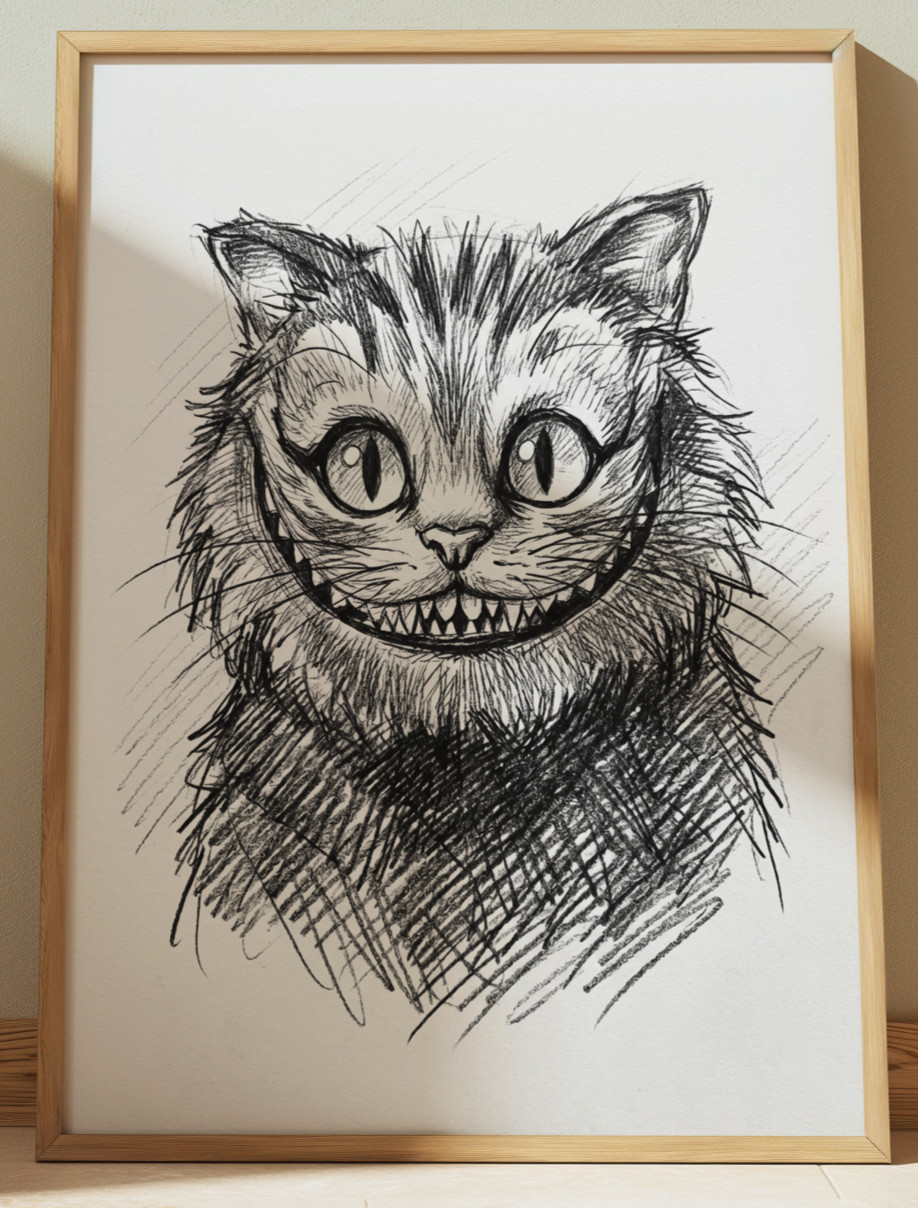 ALICE IN WONDERLAND CHESHIRE CAT DRAWING SKETCH PRINT 8" x 10"
