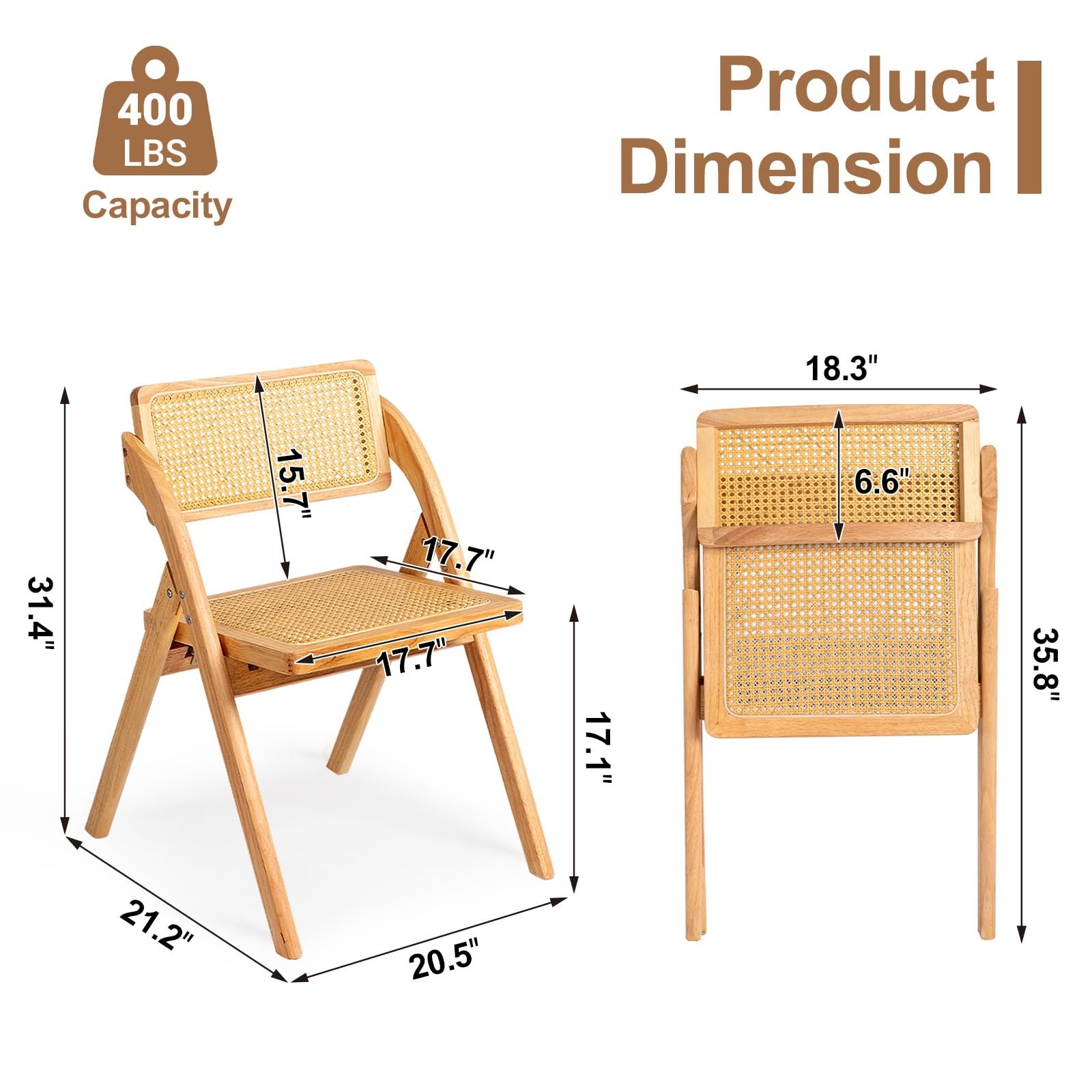 Wooden Rattan Folding Chairs 2 Pack, Portable Folding Chairs for Indoor