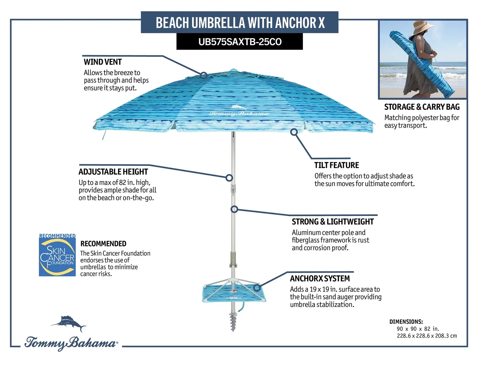 Tommy Bahama 7.5’ Beach Umbrella System Adjustable Tilt