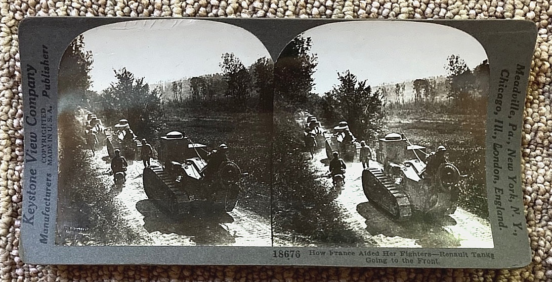 WW1 FRENCH RENAULT FT TSF TANKS GOING INTO FRONT LINE STEREO PHOTO c1917