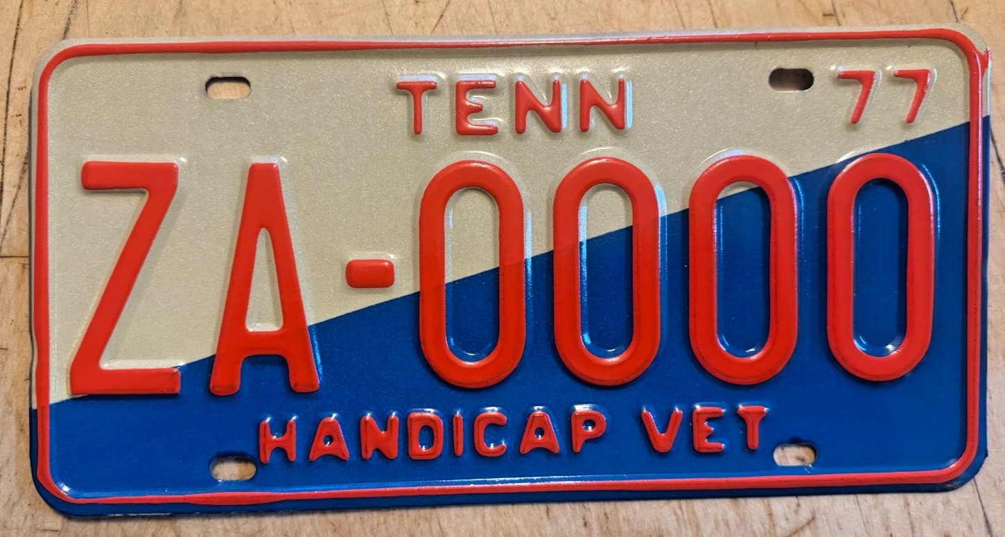 1977 TENNESSEE HANDICAP VETERAN SAMPLE  LICENSE PLATE " ZA 0000 " SC