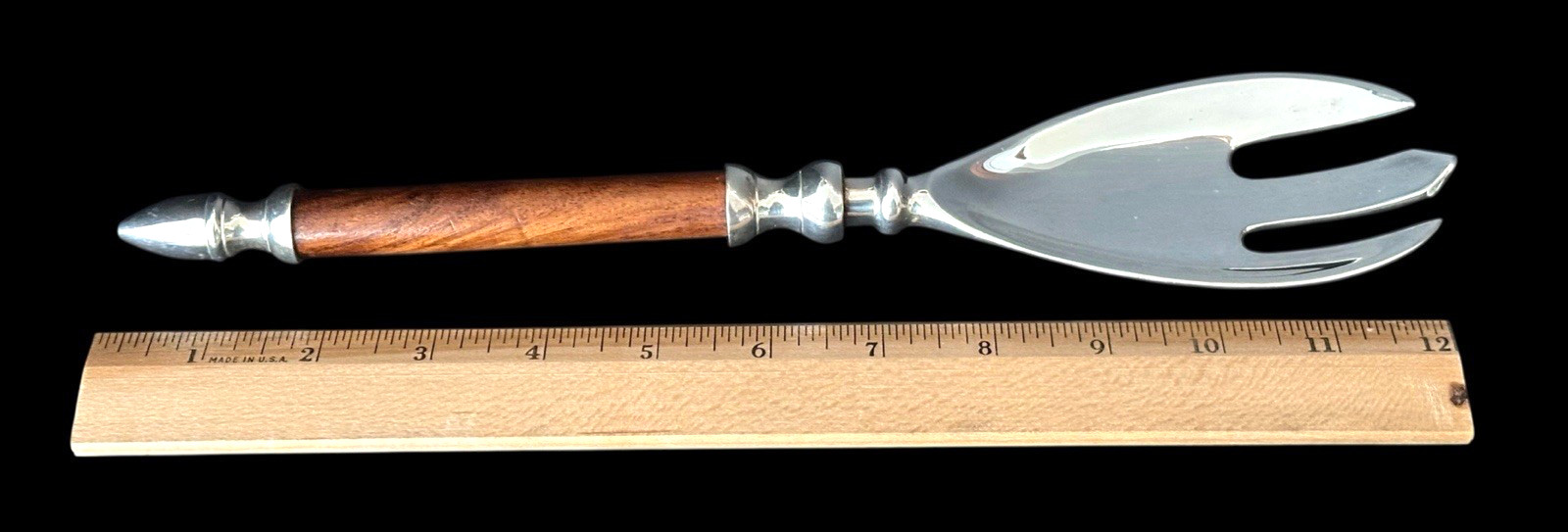 Large Silver-plated Serving Fork with Wooden Handle and Silver Finial Vintage