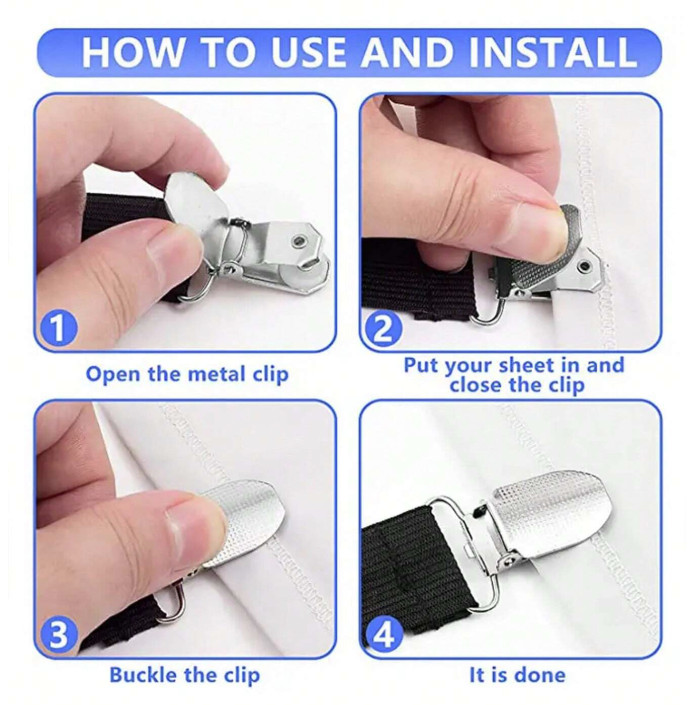 4pcs Adjustable Bed Sheet Fasteners - Metal Sofa & Quilt Clip Set - NEW