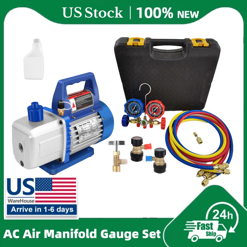 AC Manifold Gauge Set 3 Ways Vacuum Pump HVAC Kit 4CFM 1/3HP Refrigeration Oil
