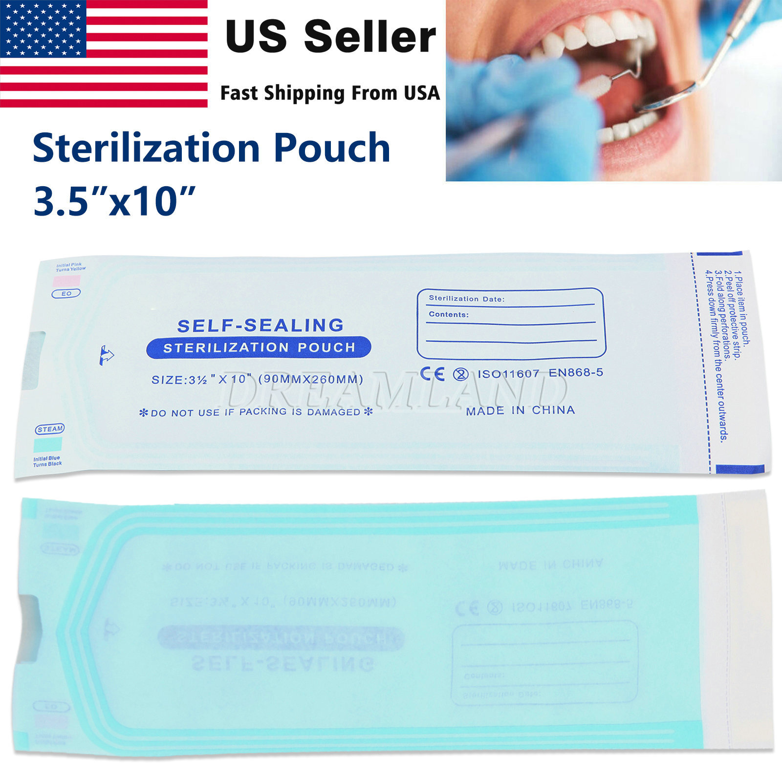 200PCS Self Seal Pouch Sterilization Bag Pouches Dental Medical 3.5" x 10"