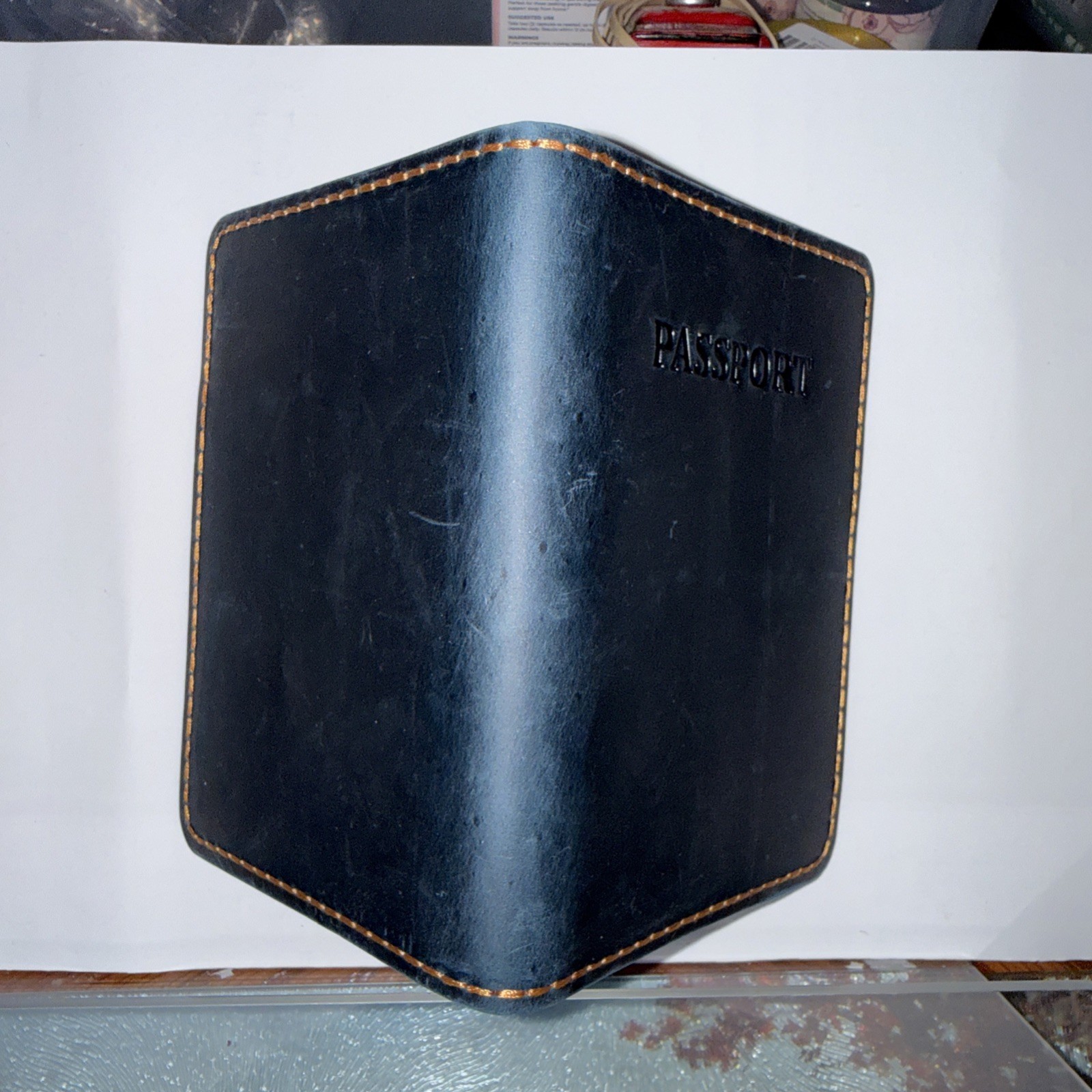 Leather Passport Holder Blue With Orange Stitching