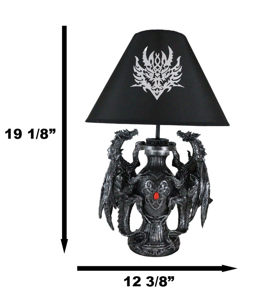 Ebros Gothic Climbing Dual Dragon Desktop Table Lamp Statue Decor & Shade 19"H