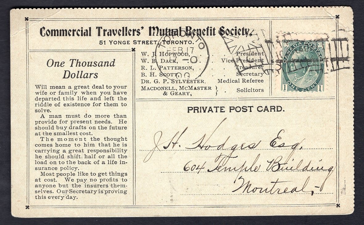 CANADA Toronto 1900 Mutual Benefit Society Postcard; Advertising