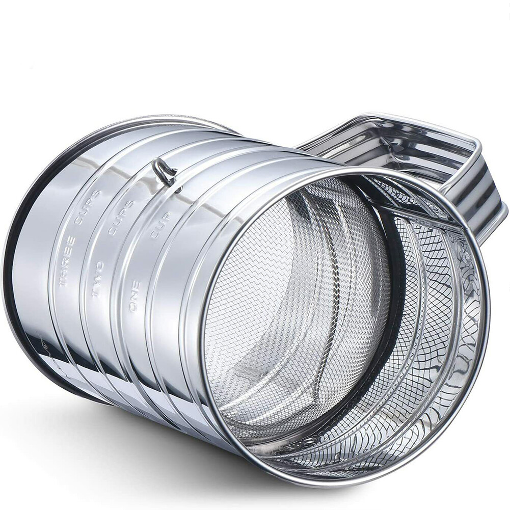 US 1-2 Pc Stainless Steel Flour Sifter Fine Mesh Rotary Hand Crank Wire Agitator