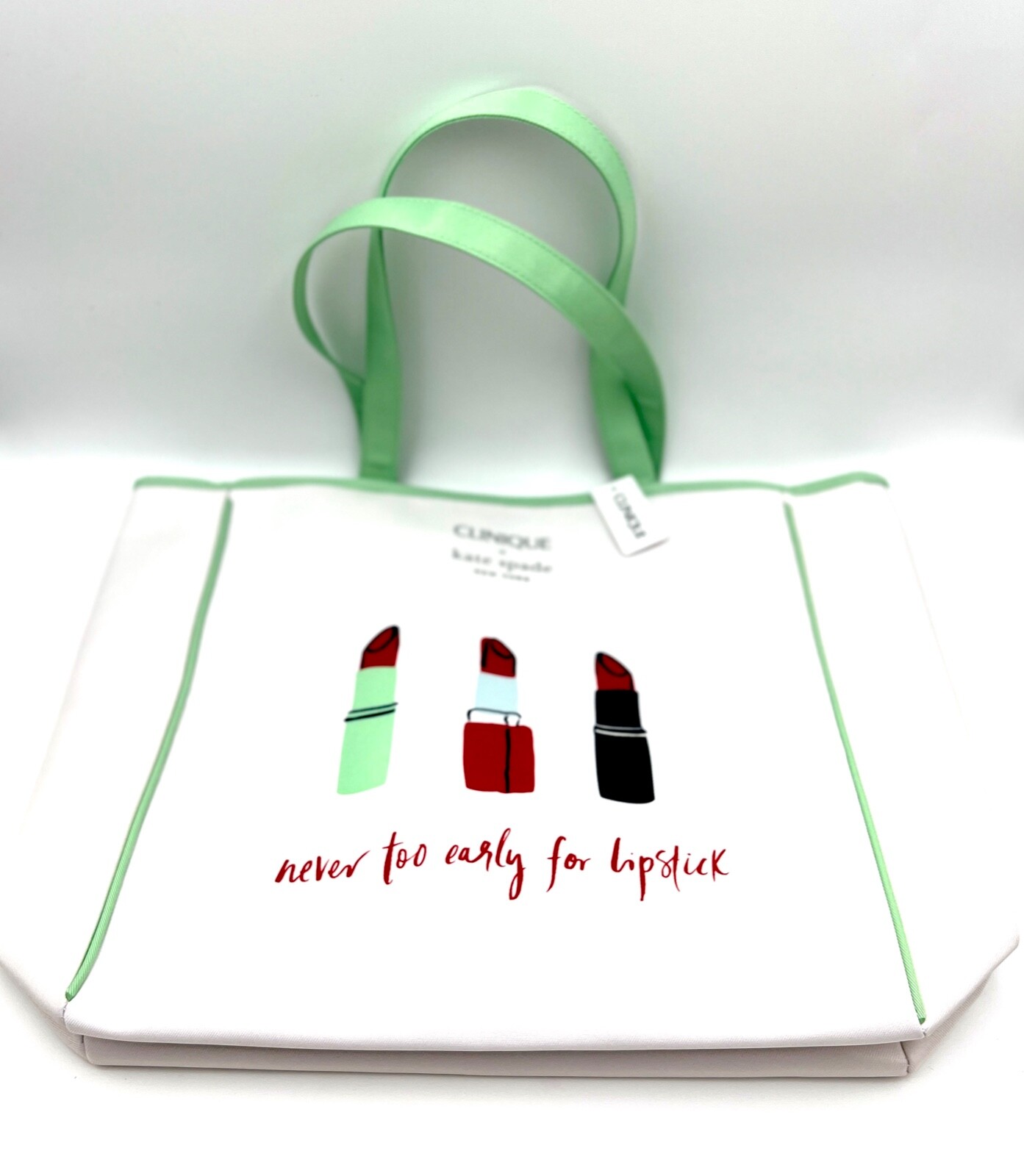 Clinique x Kate Spade Shopping Shoulder Tote Bag ~ Green Strip ~ Lipstick Print
