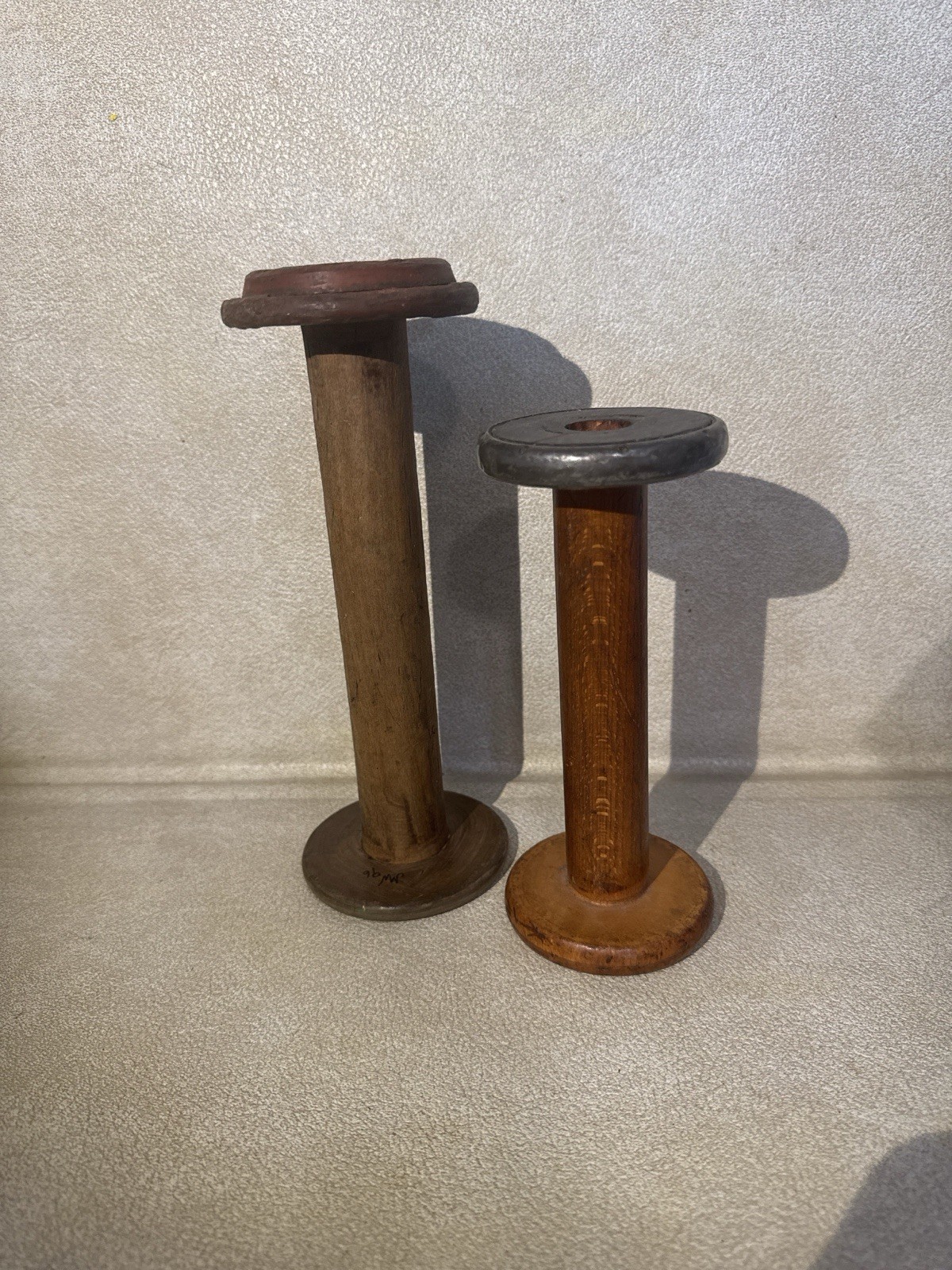 Vintage Wooden Textile Spools Bobbins Lot 2 Rustic Farmhouse 7” & 9"