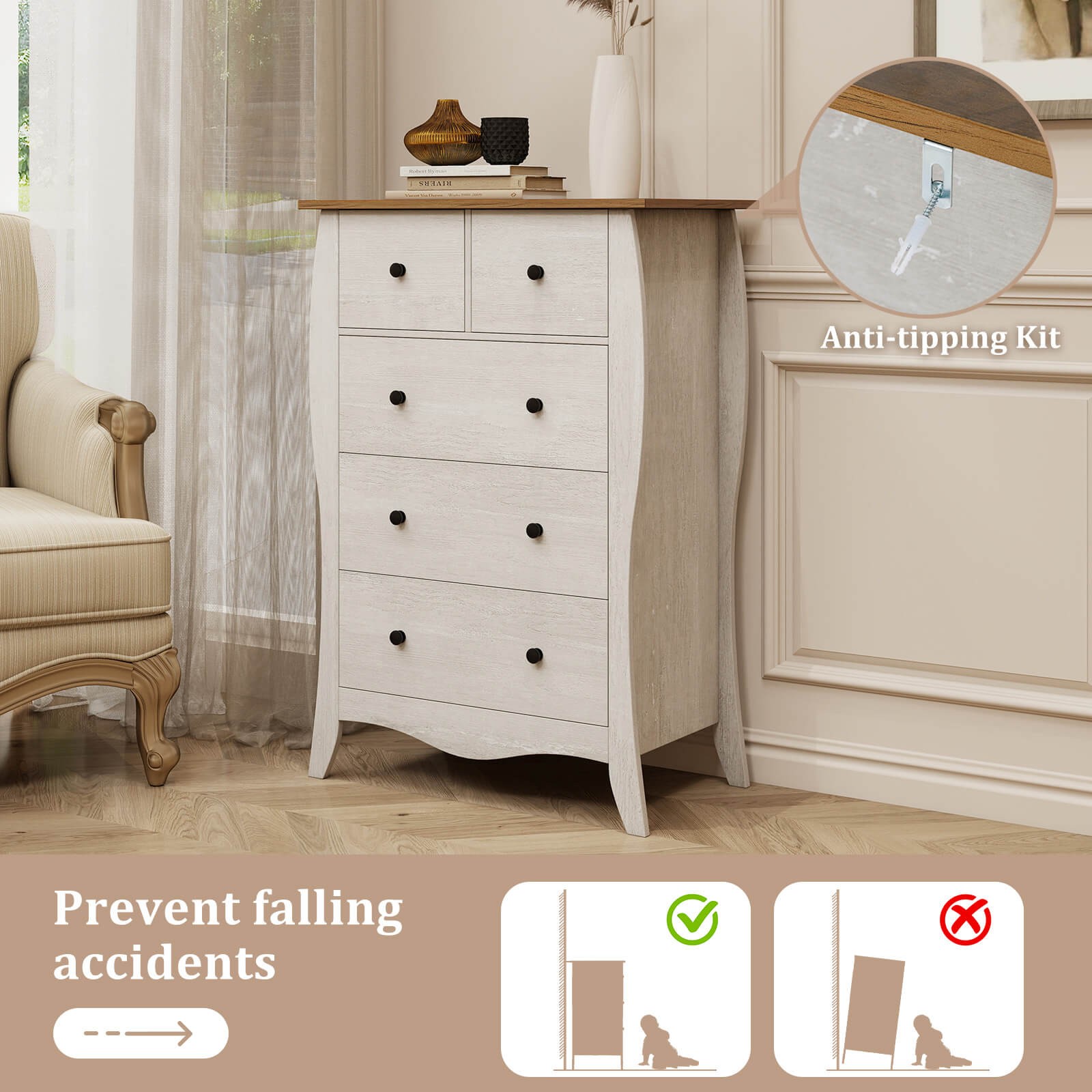 38" Farmhouse Chest of Drawers with 5 Folding Fabric Drawers & Anti-tipping Kit