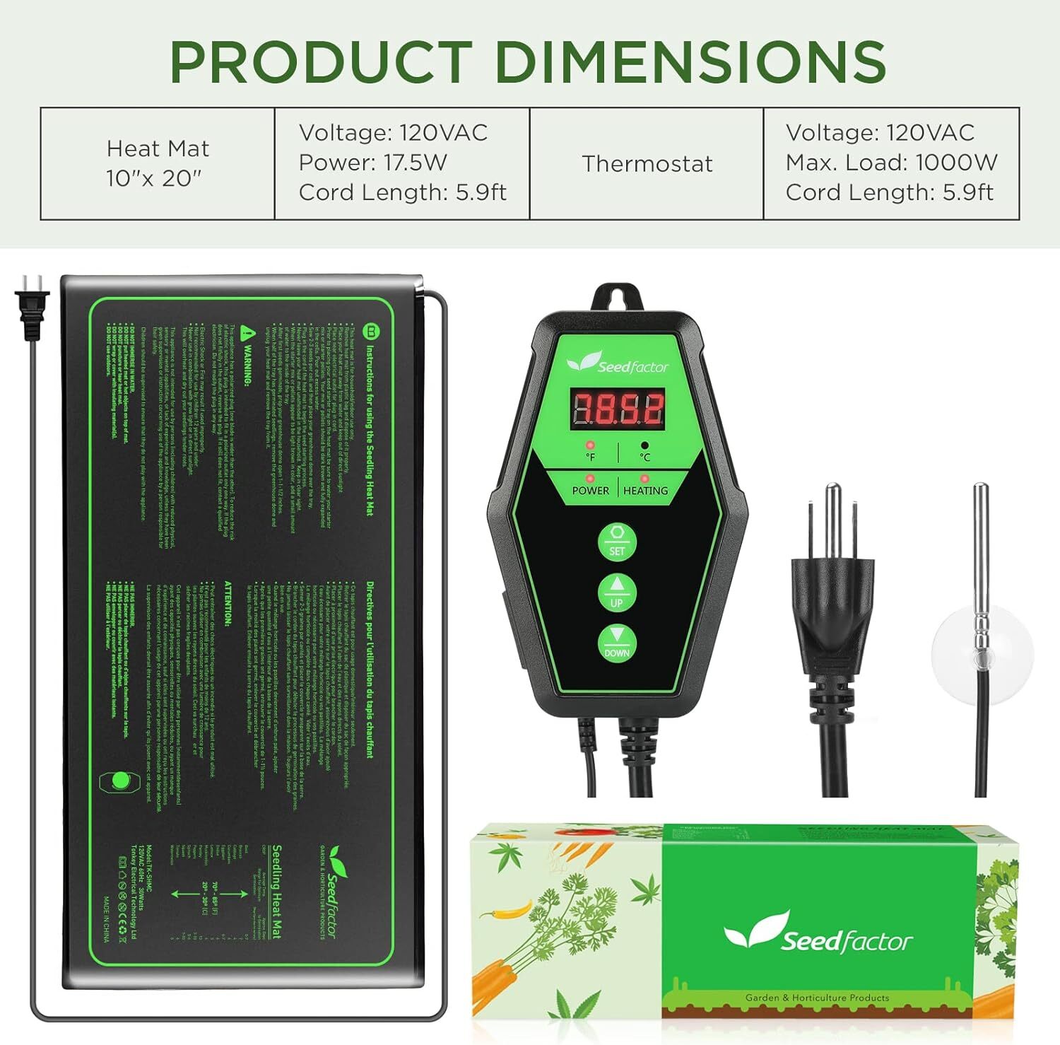 Seedling Heat Mat and Digital Thermostat Combo Set 2023 Seedfactor MET Certified