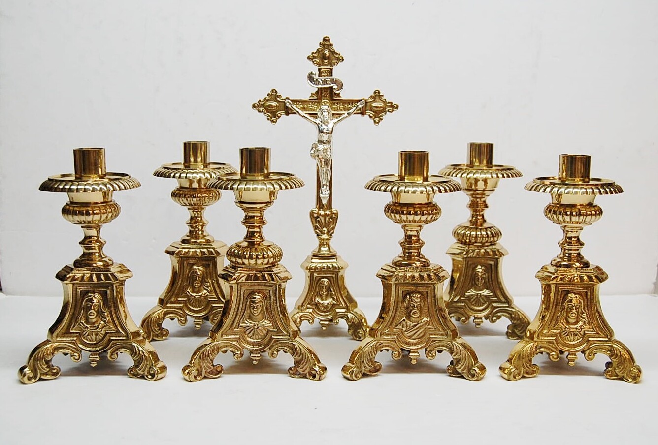 SET OF 6 SHORT 6" BRASS JMJ ALTAR CANDLE STICKS & ALTAR CROSS - 175sh