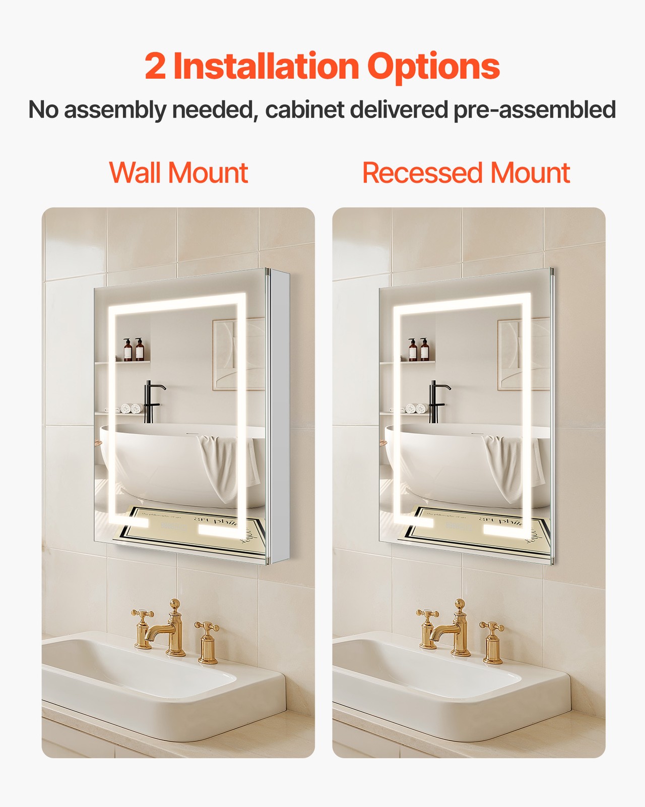 VEVOR Lighted Medicine Cabinet with HD Mirror 24 x 30 in Recessed or Wall Mount