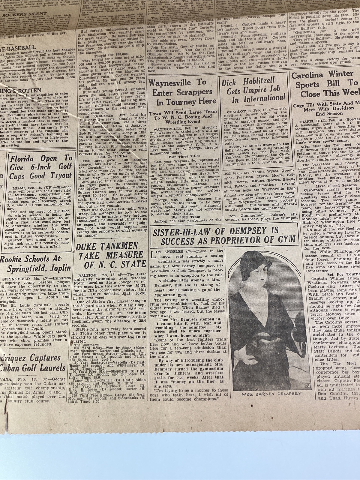 Ashville NC Newspaper Feb 19, 1933 Boxer Jim Corbett Dempsey Lou Gehrig Haverty