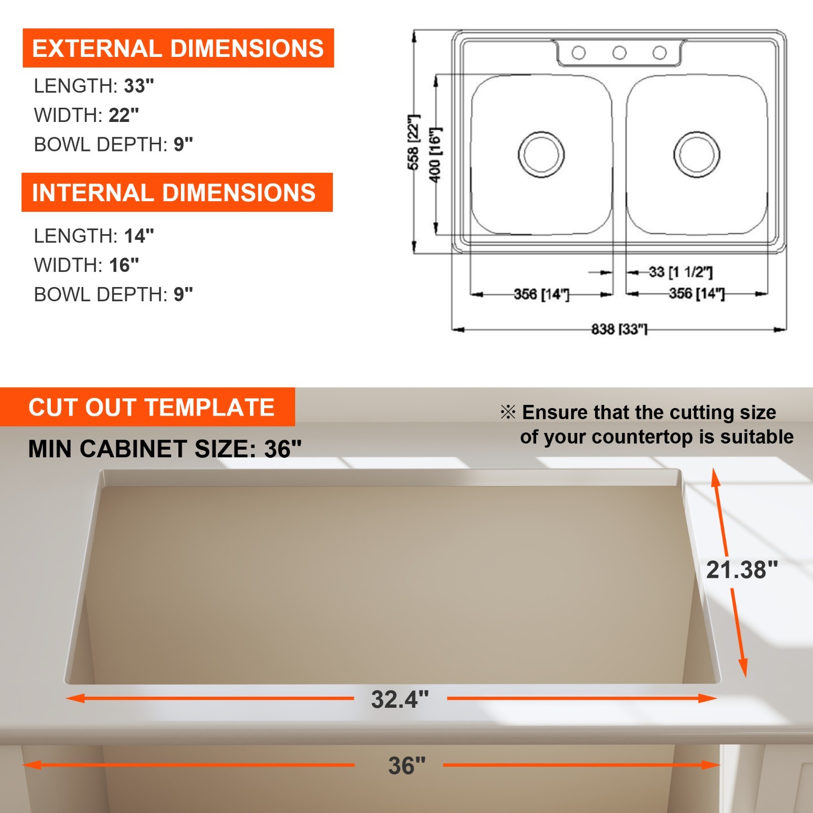 Quikore 33 Inch Topmount Drop In 33x22 Double Bowl 18 Gauge Stainless Steel Sink
