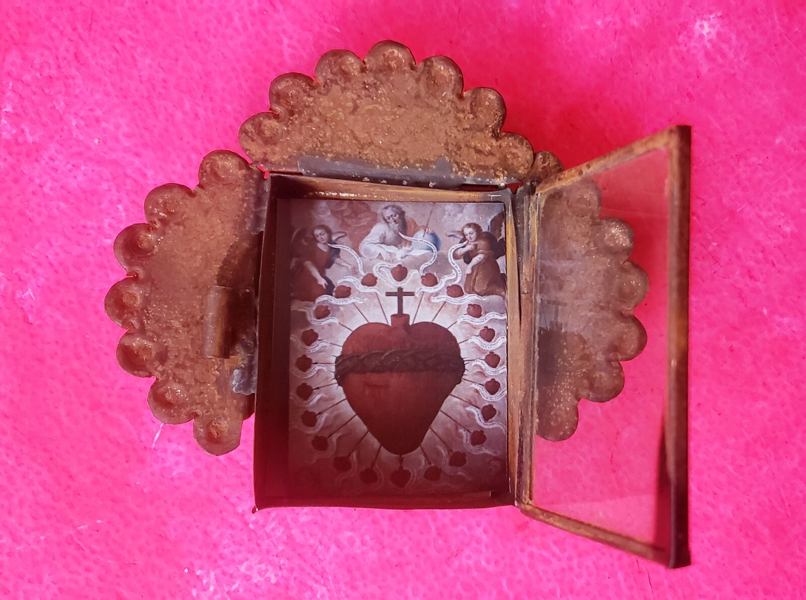 Rustic Mexican Flaming Sacred Heart Jesus Christ tin wall hanging nicho folk art