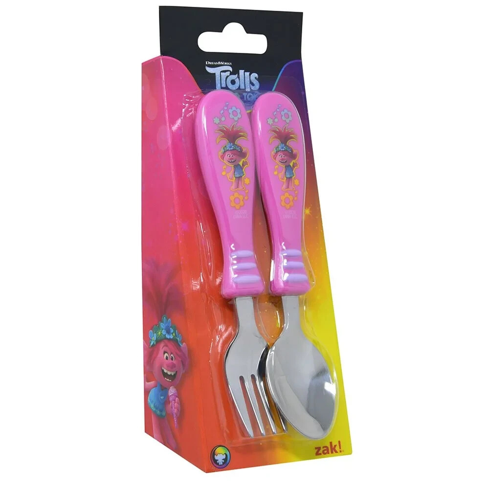 Zak Designs Dreamworks Trolls Easy Grip Flatware 2 Piece Set Spoon Fork NEW