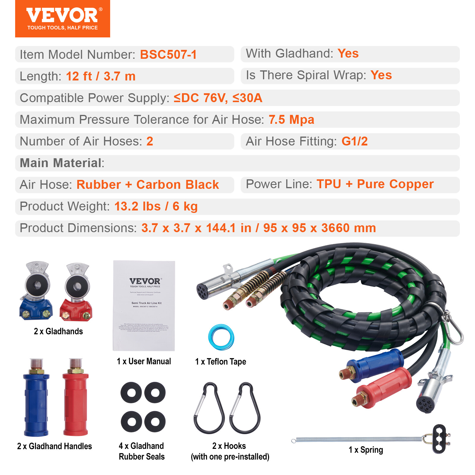 VEVOR 12FT 3-in-1 Semi Truck Air Lines Kit with 2PCS Glad Hands and Handles
