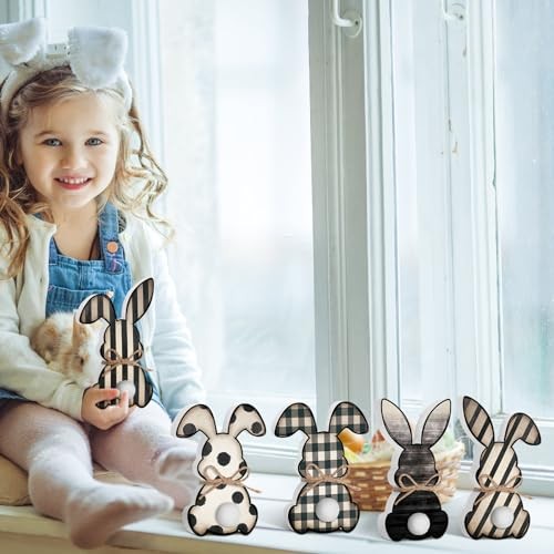 5 Pcs Easter Bunny Wooden Signs Buffalo Plaid Bunny Decor with Jute Rope