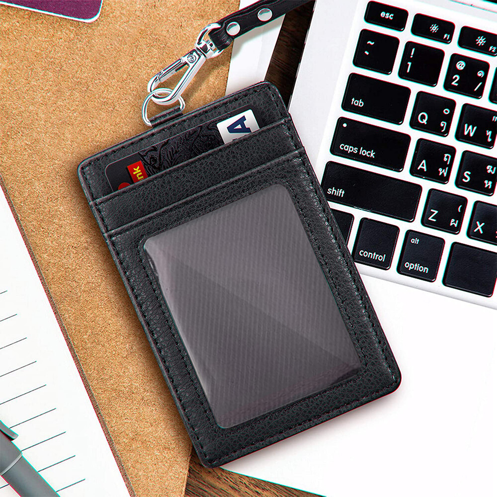 Leather ID Card Holder Vertical badge Wallet Multiple Slots Neck Strap Lanyard