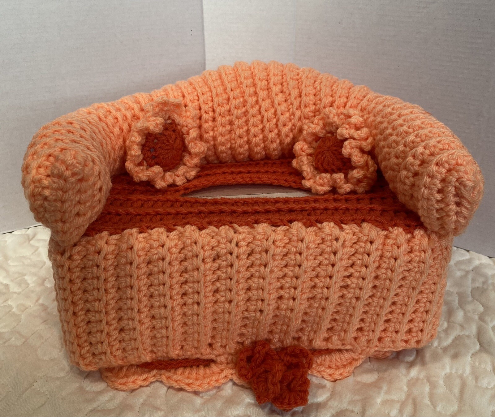 Sofa Style Tissue Box Cover Handmade Crochet - Peach, Autumn Orange Accents
