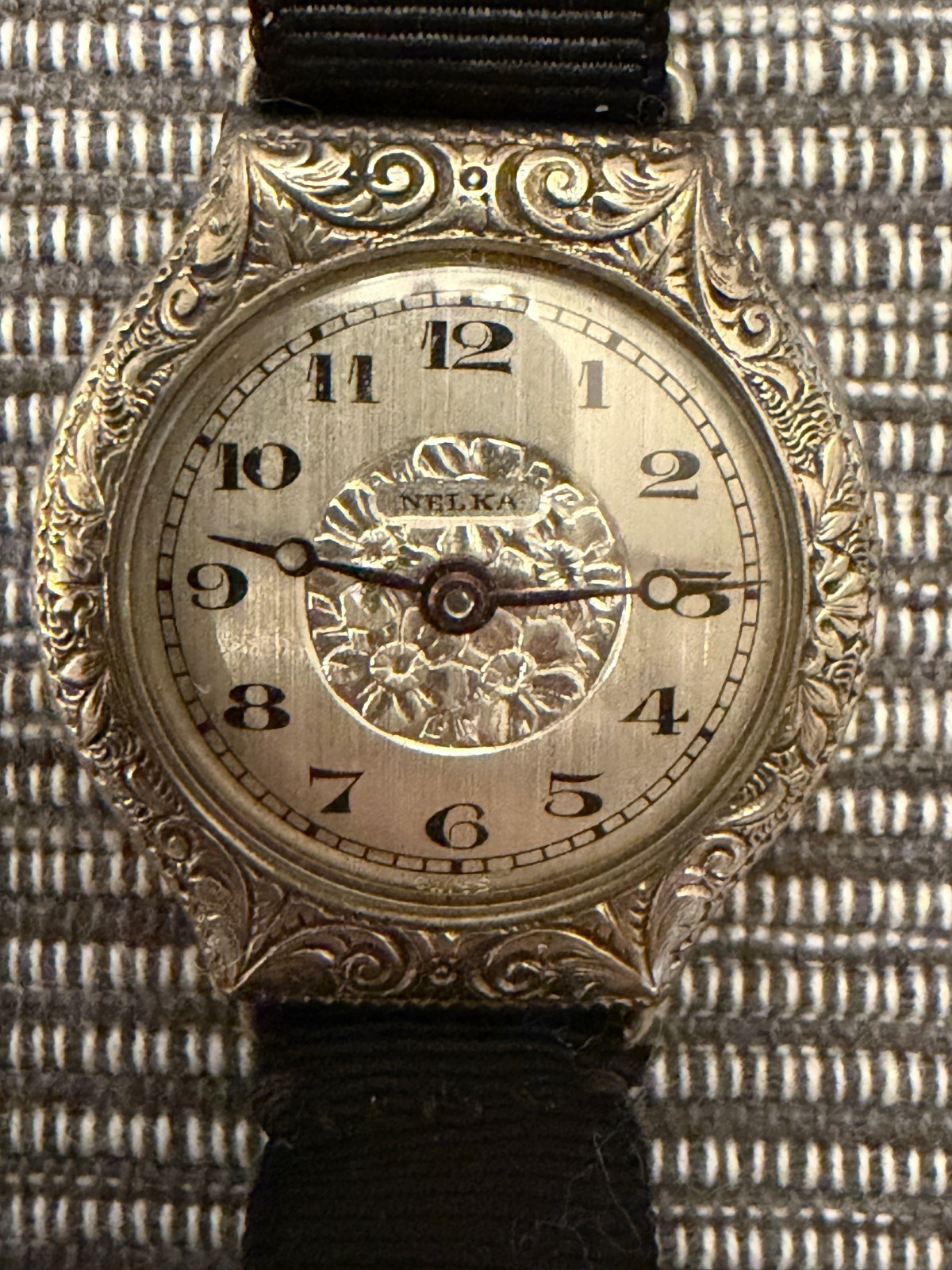 Original Art Deco Nelka Watch 1920's - Engraved Floral Pattern Face -White Gold