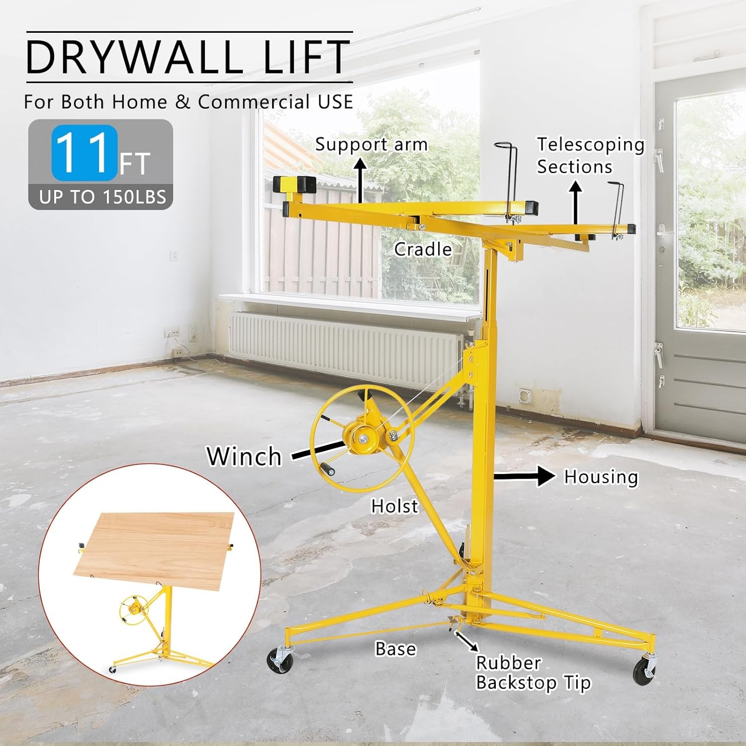 11Ft Drywall Lifter Sheetrock Hoist Lift Adjustable arm & Lockable Wheels