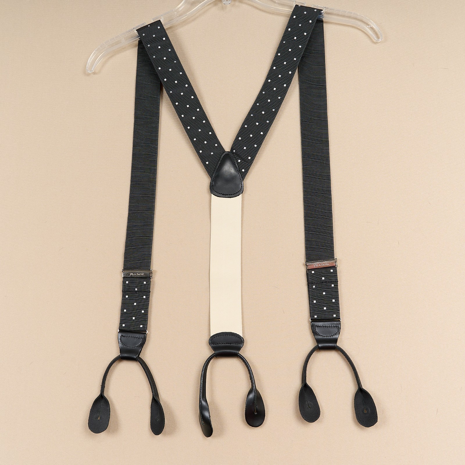 JOS A BANK Suspenders Black Polka Dot Braces Leather Button Tabs Adjustable