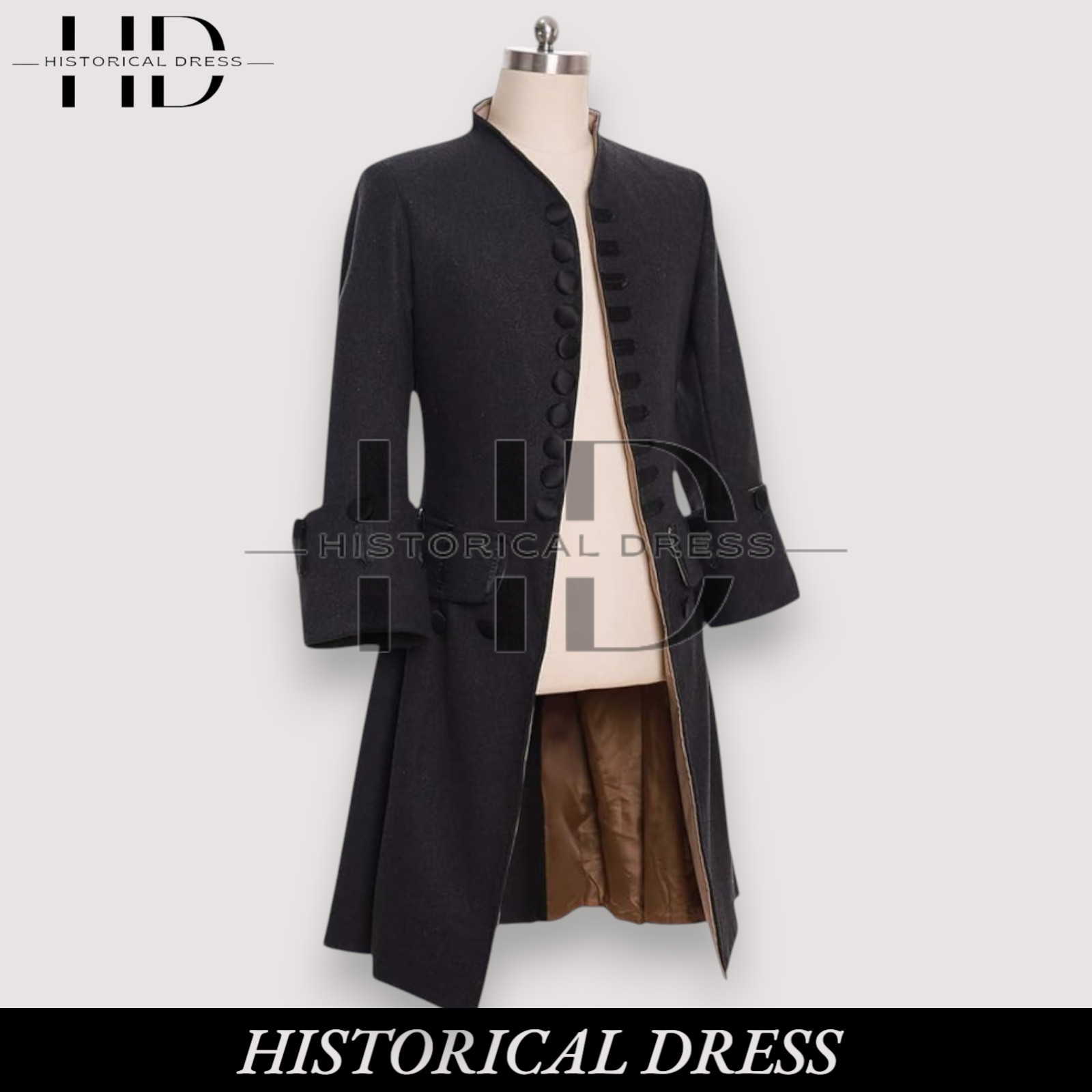 Men's 18th Century Regency Black Wool Frock Coat Colonial Military Tailcoat