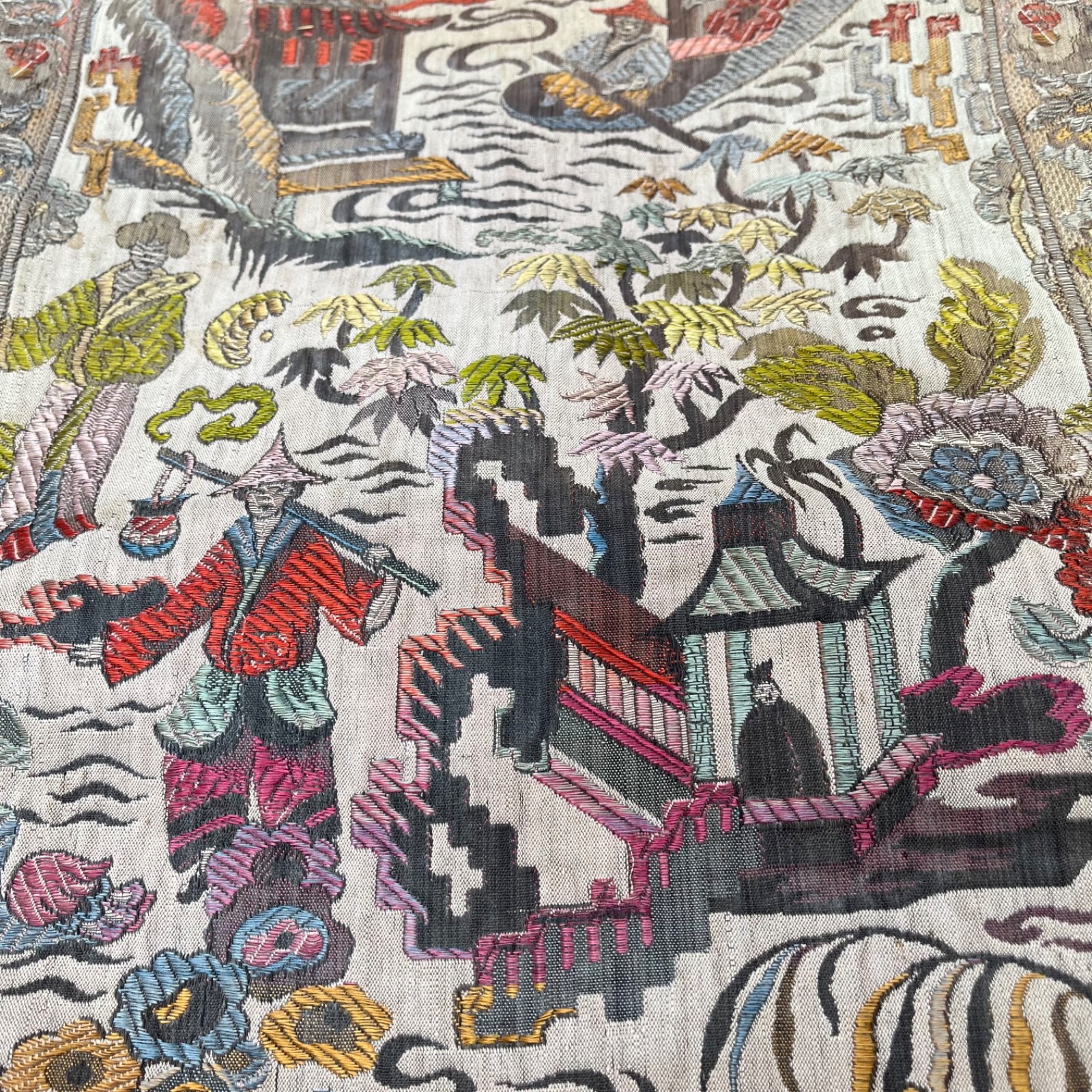 Vintage Asian Silk Hand Embroidered Textile 48 x 17 Panel Runner Pagoda Scene