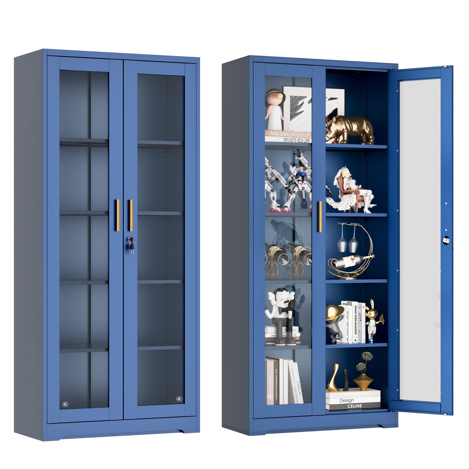 Liquor Bookcase with Doors 4 Adjustable Shelves Lockable Display Cabinet Blue