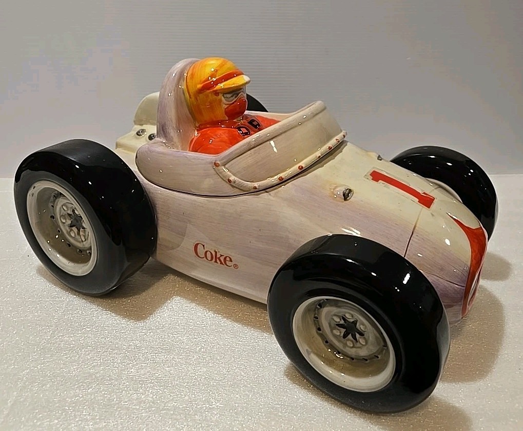 Vintage 2002 Coca-Cola COKE 14" Porcelain Race Car Cookie Jar, Very Good Shape