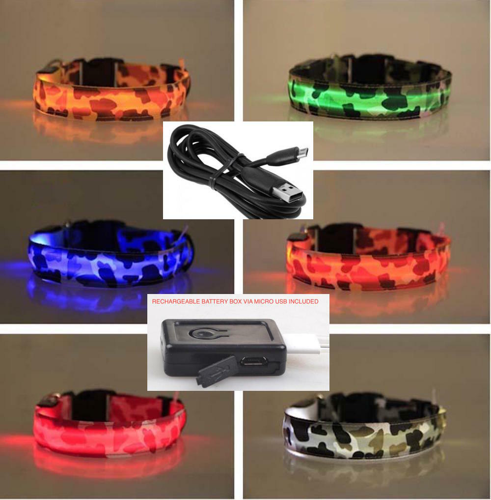 CAMOUFLAGE LED RECHARGEABLE COLLAR CAMO light-up Dog Pet Safety USB flash glow