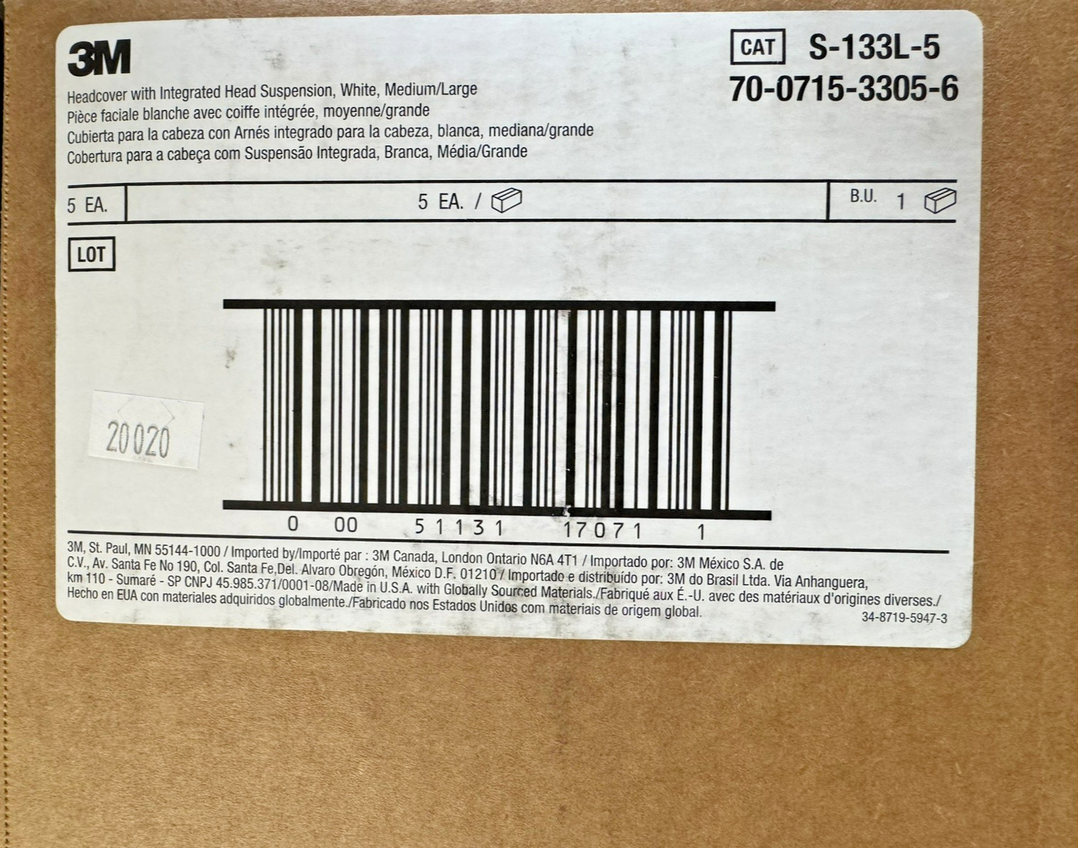 3M S-133L-5 Versaflo Headcover with Integrated Head Suspension, Medium/5